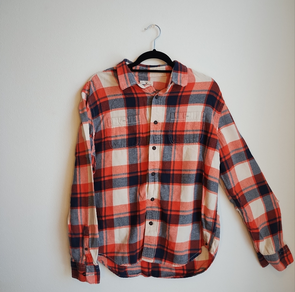 American Eagle Men's Blue and Orange Festive Plaid Long Sleeve Flannel